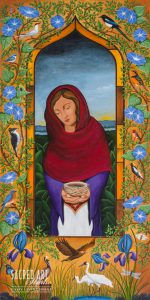 woman holding a bird nest with birds around the border