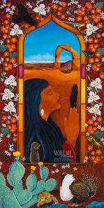 goddess figure with feather in desert landscape painting